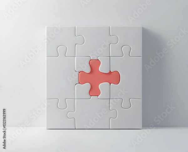 Obraz White puzzle with one red piece, white background.