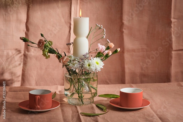 Fototapeta candle composition with flowers and natural textiles, orange cups, tea ceremony