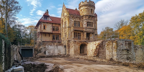 Fototapeta Renovation progress of a historic castle structure in autumn architectural photography outdoor setting captured from ground level