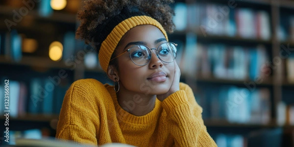 Fototapeta Contemplative young woman library portrait photography cozy atmosphere close-up view mindfulness inspiration