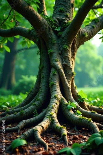 Fototapeta Tree roots with intricate embroidered texture, verdant, botanical details, roots