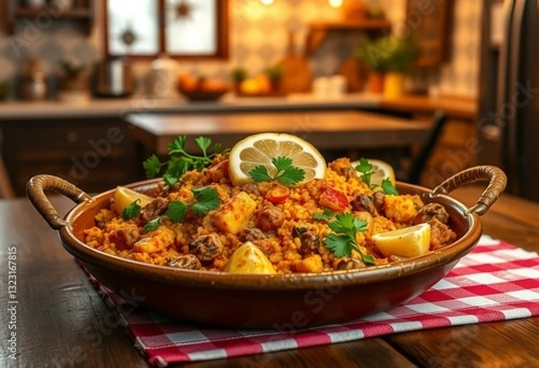 Fototapeta Paella dish with seafood, vegetables, and rice