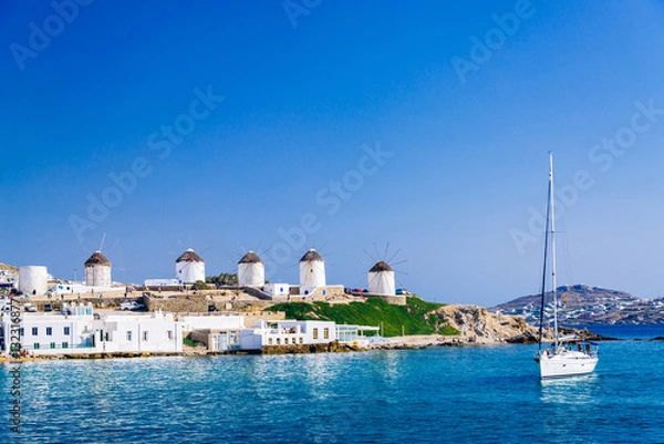 Obraz Romantic famous windmills of Mykonos on a bright summer day, Mykonos, Cyclades, Greece