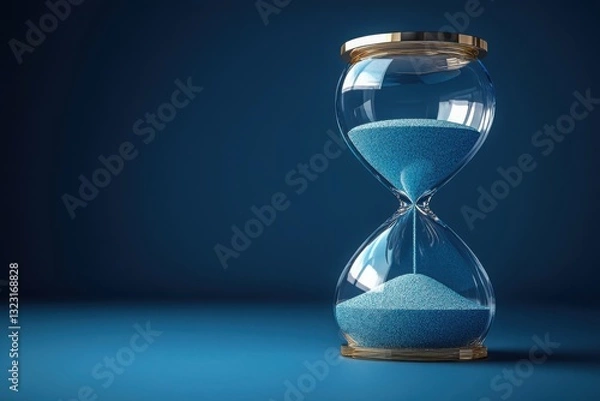 Fototapeta Hourglass with blue sand against a blue background symbolizing time passing and deadlines approaching