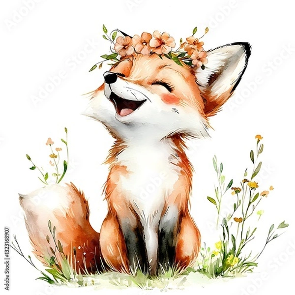 Fototapeta Joyful Fox with Floral Crown in Watercolor Style. A whimsical illustration of a cheerful fox adorned with flowers, perfect for children's books, cards, and prints.