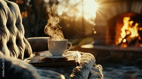 Fototapeta Steaming cup of beverage near a fireplace in the sunlight