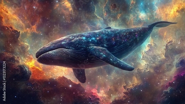 Fototapeta A majestic whale swims through the expansive cosmic nebula clouds