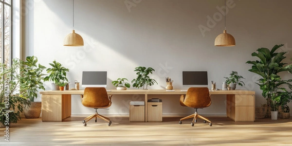 Fototapeta Modern workspace setup home office interior design bright environment wide angle productivity concept