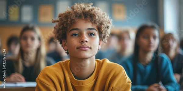 Fototapeta Engaging classroom scene student focus school environment educational content learning atmosphere thoughtful perspective