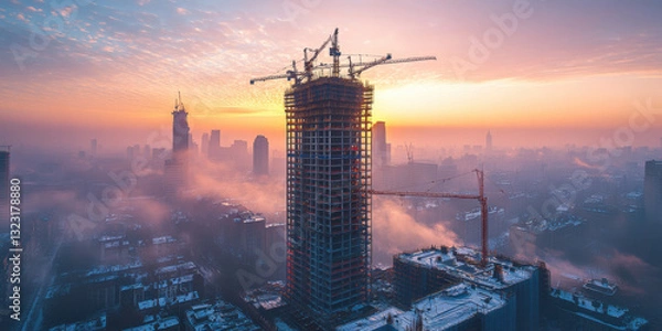 Fototapeta Construction progress of a towering skyscraper at sunrise urban landscape aerial view modern architecture
