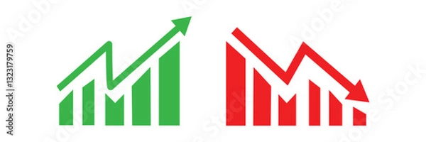 Fototapeta Graph going Up and Down sign with green and red arrows. sales bar chart icon symbol with arrow moving up and  arrow moving down Flat design. Graph rise and fall business icon vector illustration.