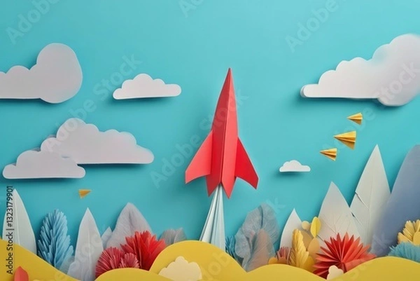 Fototapeta Red paper rocket soaring through a whimsical paper landscape.  A vibrant, creative scene full of color and imagination.