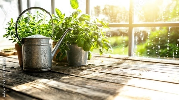 Fototapeta Plants and watering can set on a weathered wooden surface