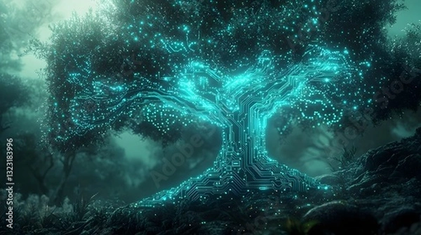 Fototapeta Futuristic Electronic Tree   Digital of Nature and Technology Fusion