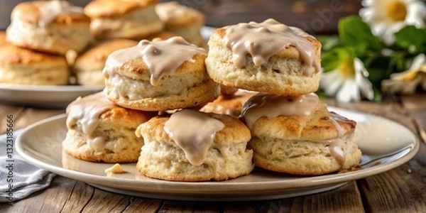 Fototapeta Flaky, buttery biscuits piled high on a plate with a rich, savory sausage gravy dripping from the edges , side dish