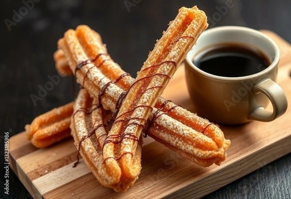 Obraz A sweet treat on a wooden board, churro with chocolate drizzle and cinnamon