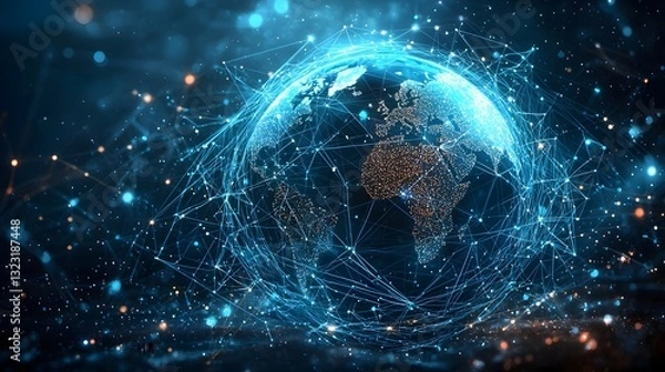 Fototapeta Conceptual Global Business Network with Interconnected Digital Flow Around Illuminated World Globe