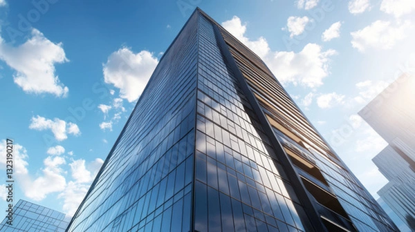 Fototapeta Low-angle perspective of corporate skyscraper with clear sky