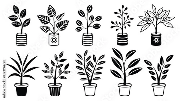Fototapeta Black and white hand-drawn potted plant vector illustrations set, minimalist botanical clipart collection, modern houseplant silhouette design for decor, stickers, and prints
