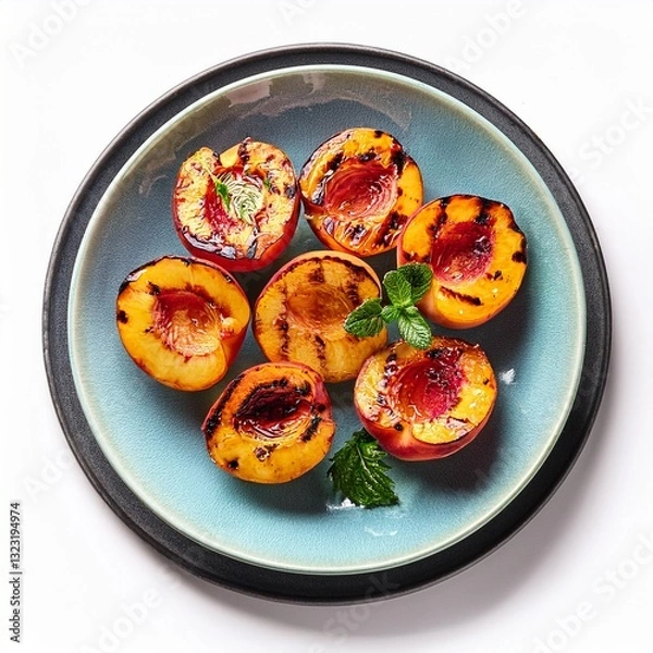 Obraz Fresh healthy grilled peaches in plate on white background