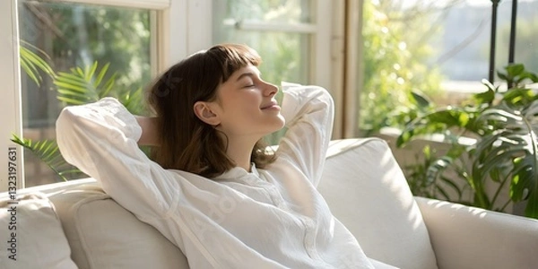 Obraz Serene young woman relaxing on sofa with hands behind head in sunlit room for wellness