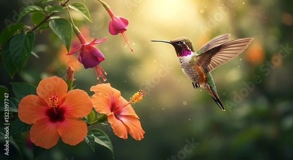 Obraz Hummingbird Flying Near Hibiscus and Fuchsia Flowers in Garden