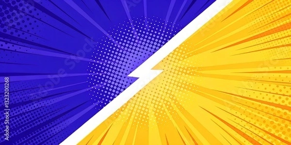 Fototapeta Versus Background Comic Style with Blue and Yellow Halftone Effect and Lightning Bolt Divider