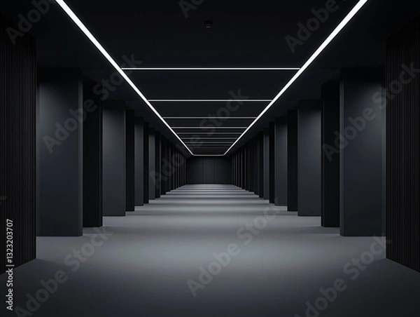 Obraz A corridor that appears normal at first glance but reveals itself to be shrinking endlessly the further one walks. The walls seem to converge at a distant point, creating an unsettling illusion.