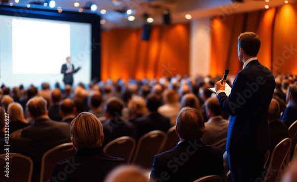 Fototapeta A person in a suit attending a conference or presentation, facing a screen with a group of speakers in the background.


