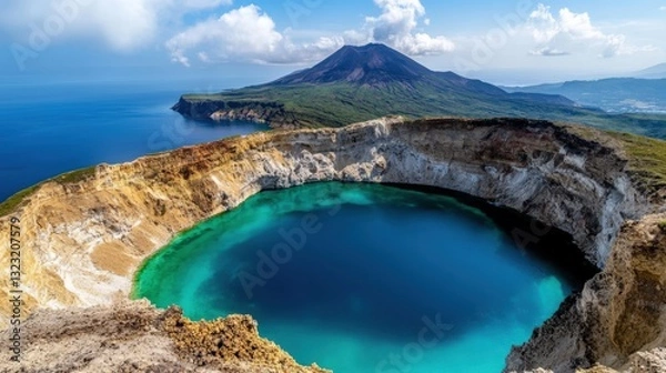 Fototapeta A crater lake forming inside an extinct volcano, its calm blue waters reflecting the sky with a scenic mountain range in the background