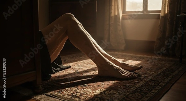 Obraz Legs Sticking Out Under Cabinet on Patterned Rug in Sunlight Room