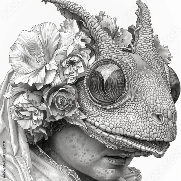 Fototapeta A unique figure combines human and reptilian features, wearing a textured lizard head with vibrant floral arrangements, showcasing intricate artistry and creativity