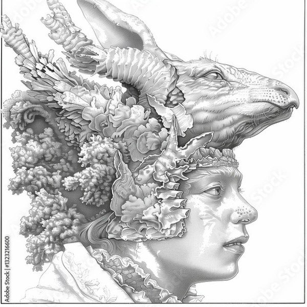 Fototapeta A person gazes thoughtfully with an elaborate headdress featuring an animal design intricately blended with organic forms, showcasing artistry and creativity