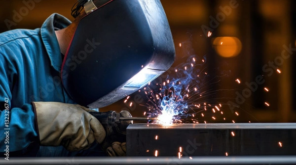 Fototapeta Intense close-up of a dedicated man welding with sparks flying while focused on creating a metal joint
