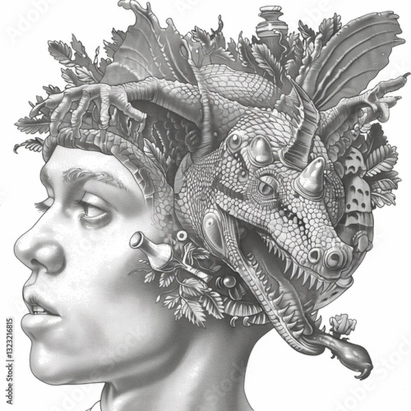 Obraz A young individual is depicted in profile, featuring a detailed dragon headpiece intertwined with leaves and plants, merging fantasy with nature in a captivating design