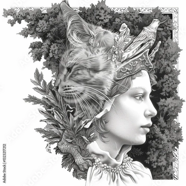Obraz A detailed artwork presents a female figure adorned with elements of nature. Cat features blend seamlessly with floral designs and birds, creating a captivating visual narrative