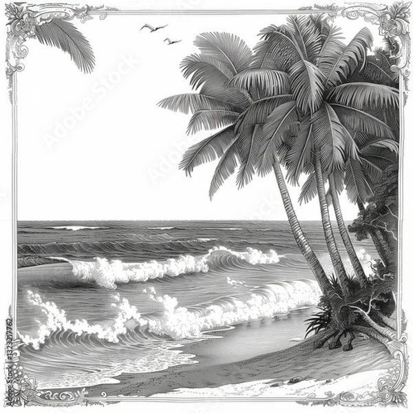 Fototapeta A tranquil coastal setting features tall palm trees swaying gently beside the shore. The waves roll softly onto the sandy beach under a clear sky with distant birds flying