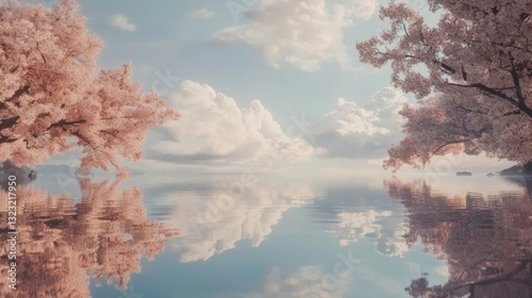 Obraz A calm lake reflecting cherry blossom trees, with the sky and water creating soft central space.