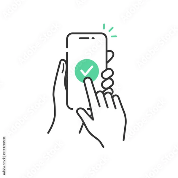 Obraz 手に持ったスマホとチェックマーク完了のベクターアイコン(線画・フラット)