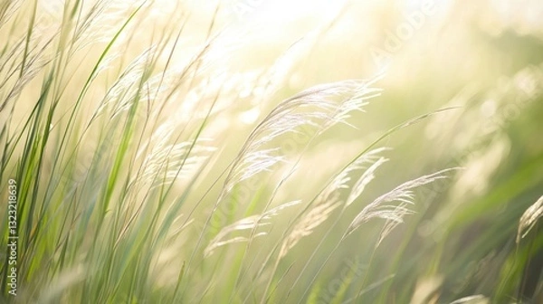 Obraz A gentle spring breeze blowing through tall grass, softly blurred in the middle for text.