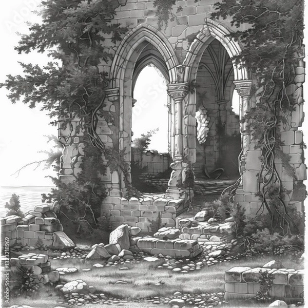 Obraz A tranquil scene features the remnants of an ancient stone structure by the coast, enveloped in lush greenery. Sunlight filters through the arches, highlighting the weathered stones