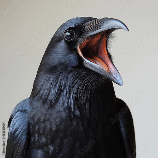 Fototapeta close up view of a black crow with mouth open,isolated on white