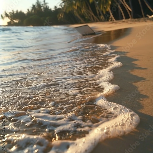 Fototapeta Waves softly lap against the shore, reflecting the warm colors of sunset. Palm trees stand tall in the background, creating a serene tropical atmosphere