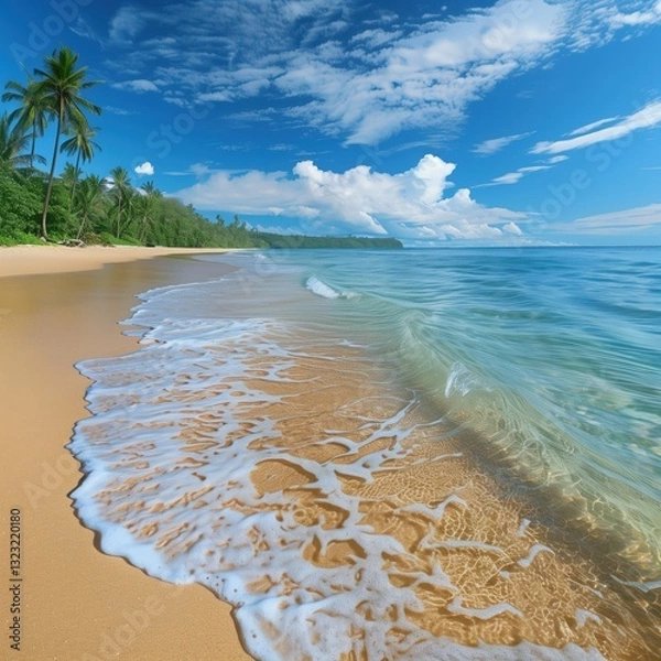 Fototapeta Soft waves caress a golden sandy beach in a tropical location, surrounded by lush greenery and a bright blue sky dotted with clouds. The scene radiates tranquility