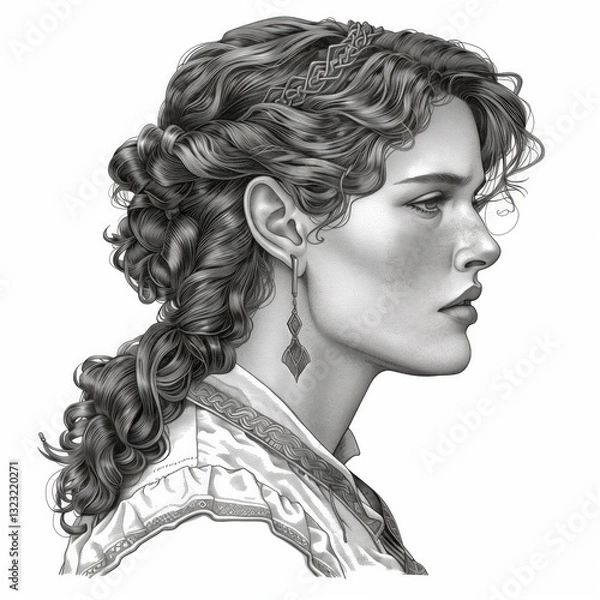 Fototapeta A young woman with wavy hair styled elegantly wears a distinctive pair of earrings. Her serene expression and intricate hairstyle highlight artistic details reminiscent of classical portraiture