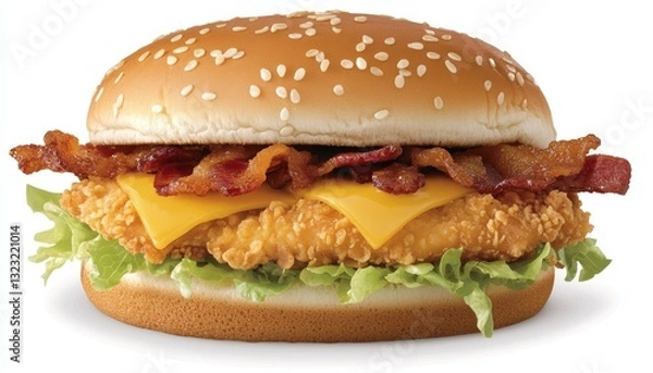 Fototapeta A mouthwatering crispy chicken burger with melted cheddar cheese, fresh lettuce, and crispy bacon, served on a toasted sesame seed bun