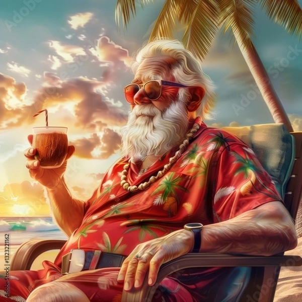 Obraz An elderly man relaxes in a beach chair, wearing a colorful tropical shirt and sunglasses. He holds a cocktail while enjoying the sunset and sound of waves, surrounded by palm trees