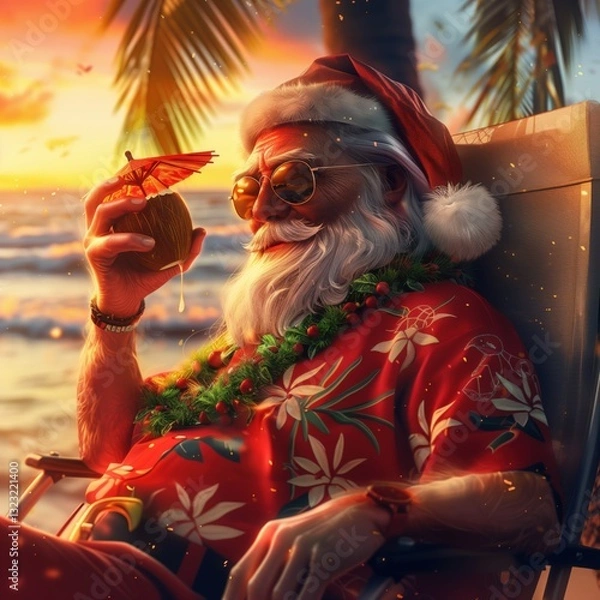 Obraz A cheerful figure dressed as Santa Claus sits back in a lounge chair on the beach, sipping a coconut drink with a small umbrella, surrounded by palm trees at sunset