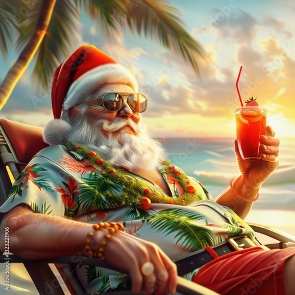 Fototapeta A festive figure resembling Santa sits on a beach chair wearing sunglasses and tropical attire. He relaxes under palm trees, enjoying a colorful drink and a beautiful sunset
