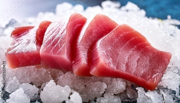 Fototapeta raw tuna sashimi pieces served on crushed ice in restaurant fresh fish on white cold snow background with bokeh effect japanese cuisine preparation closeup